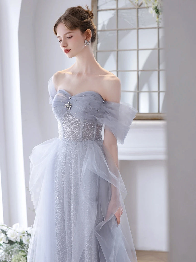 grey sequin bridesmaid dress Evening Dresses Grey Sequin Bridesmaid Dress Shimmering Grey Sequin Celestial Sheer Sleeve Prom Gown