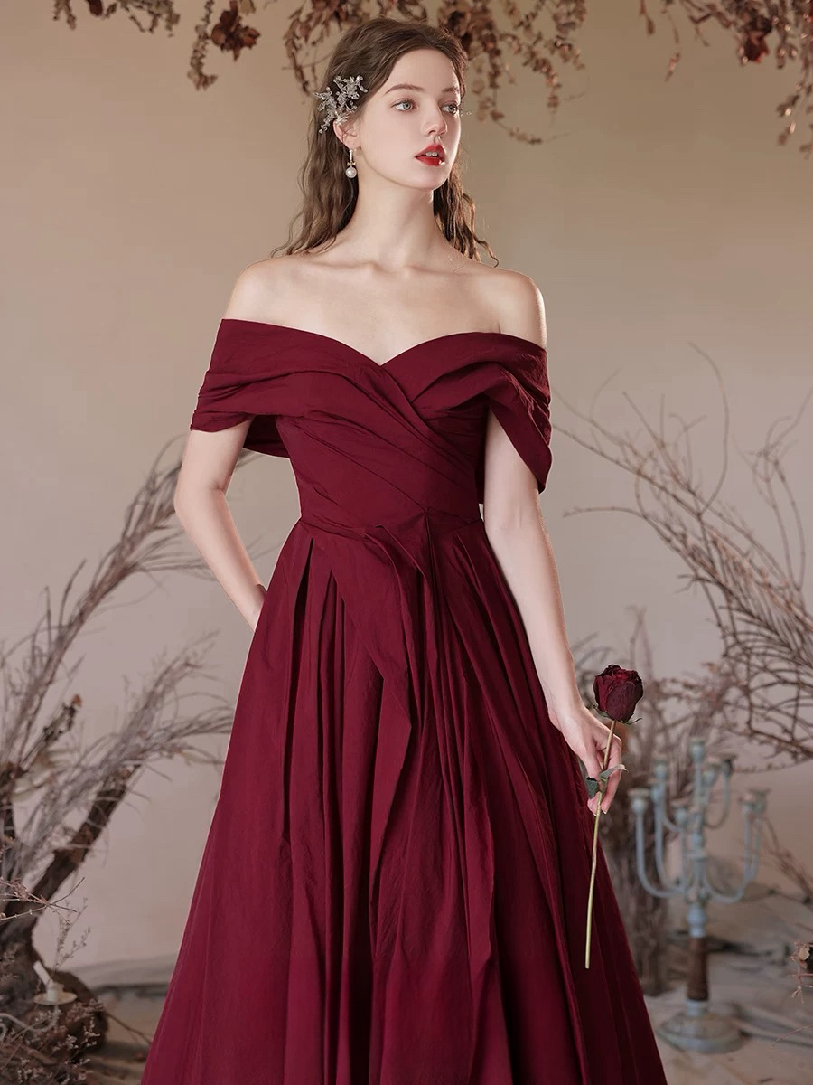 A-Line Off Shoulder Satin Burgundy Long Prom Dress, Burgundy Long Form – toptby A-Line Off Shoulder Satin Burgundy Long Prom Dress, Burgundy Long Form – toptby