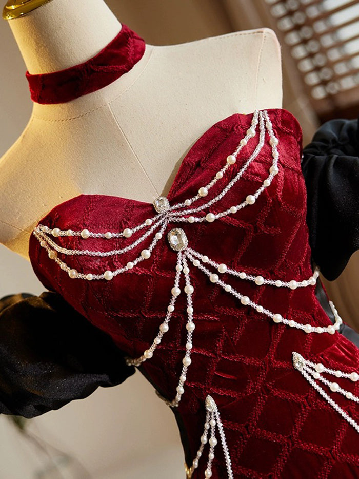 Mermaid Sweetheart Neck Velvet Burgundy Long Prom Dress with Beads