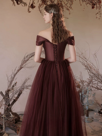 A-Line V Neck Tulle Brownish Red Long Prom Dress, Tulle Long Formal Dress