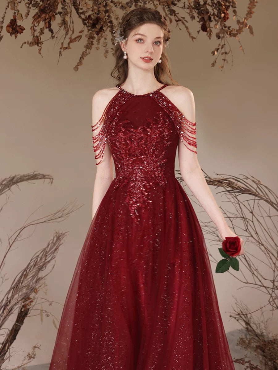 A-Line Tulle Sequin Beads Burgundy Long Prom Dress, Burgundy Long Evening Dress