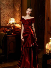 Mermaid Off Shoulder Silk Burgundy Long Prom Dress, Burgundy Formal Dress