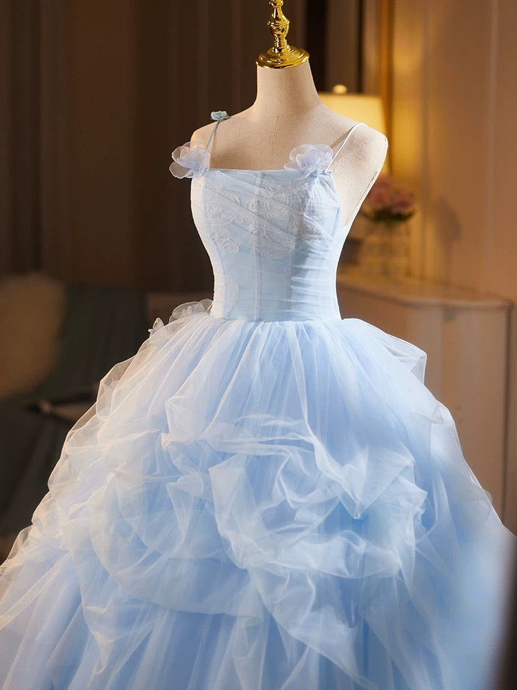 A-Line Tulle Lace Blue Long Prom Dress, Blue Long Sweet 16 Dress