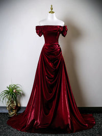 A-Line Off Shoulder Satin Burgundy Long Prom Dress, Burgundy Long Party Dress