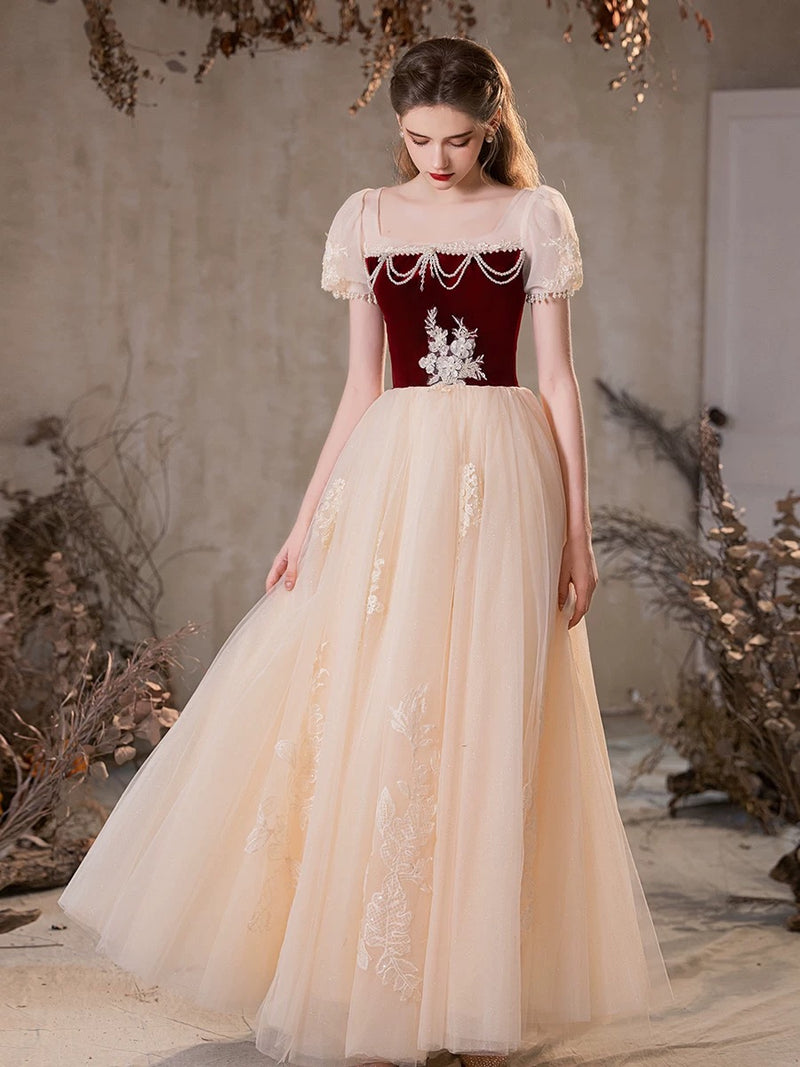 A-Line Tulle Champagne Long Prom Dress, Tulle Long Formal Dress with Beads