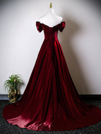 A-Line Off Shoulder Satin Burgundy Long Prom Dress, Burgundy Long Party Dress