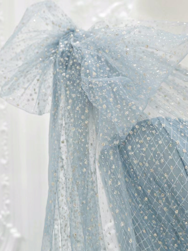 A-Line One Shoulder Tulle Sequin Gray Blue Long Prom Dress, Sequin Long Formal Dress