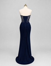 Mermaid V Neck Satin Dark Blue Long Prom Dress with Beads