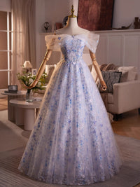 A-line Off Shoulder Tulle Lace Pink Long Prom Dress, Pink Long Evening Dress