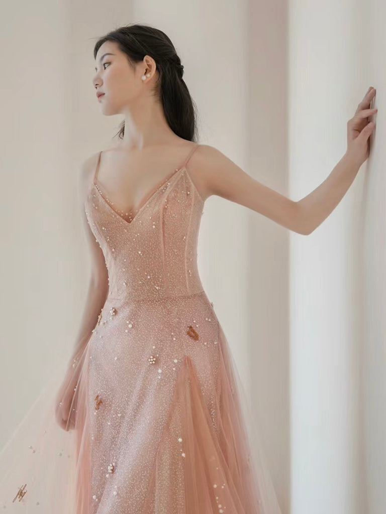 A-Line V Neck Tulle Pink Long Prom Dress, Pink Tulle Long Evening Dress