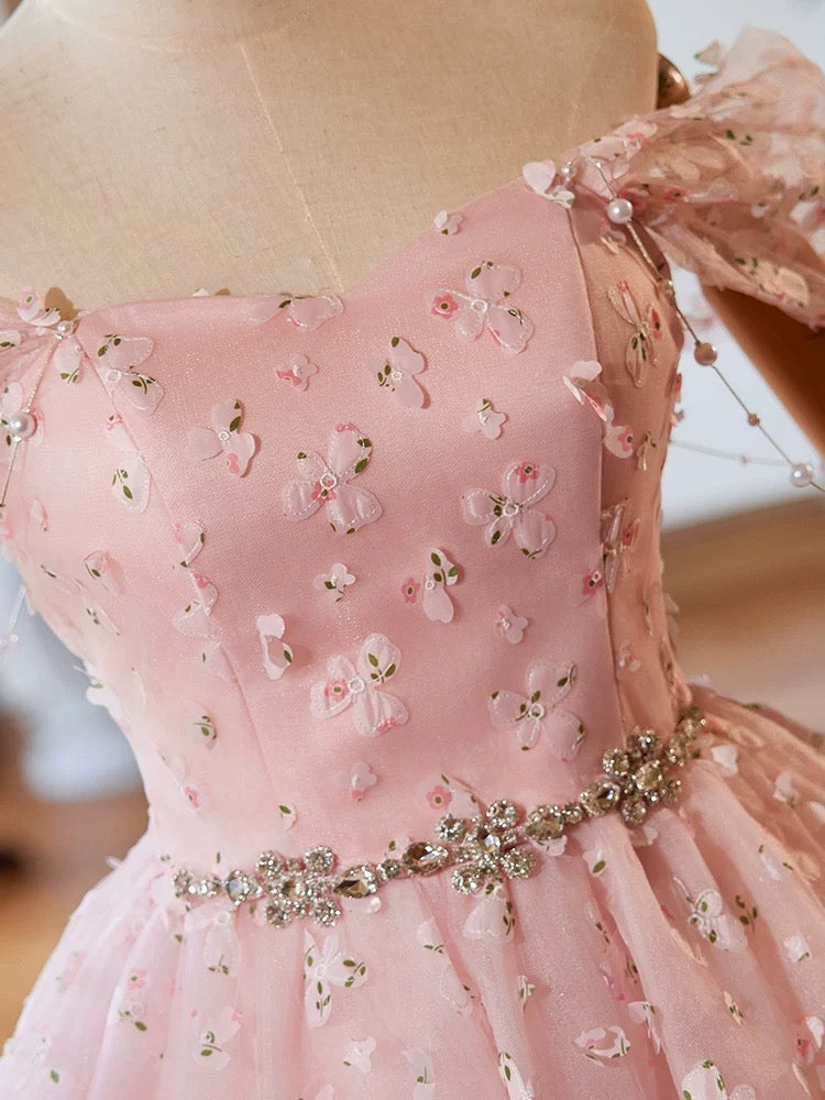 A-Line Off Shoulder Tulle Lace Pink Short Prom Dress, Pink Homecoming toptby A-Line Off Shoulder Tulle Lace Pink Short Prom Dress, Pink Homecoming toptby