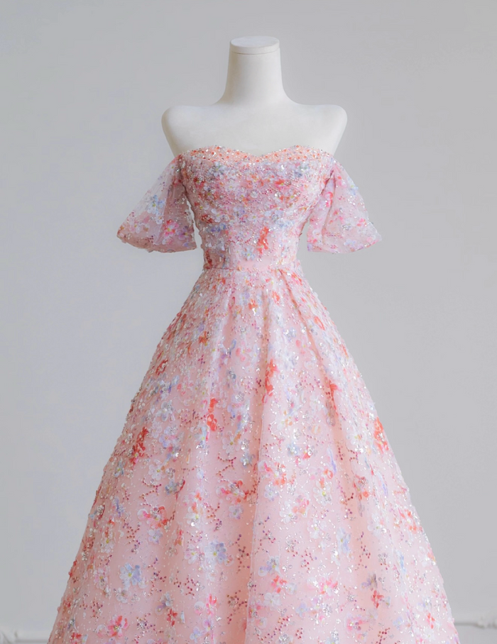 A-Line Off Shoulder Tulle Sequin Pink Long Prom Dress, Pink Long Evening Dress