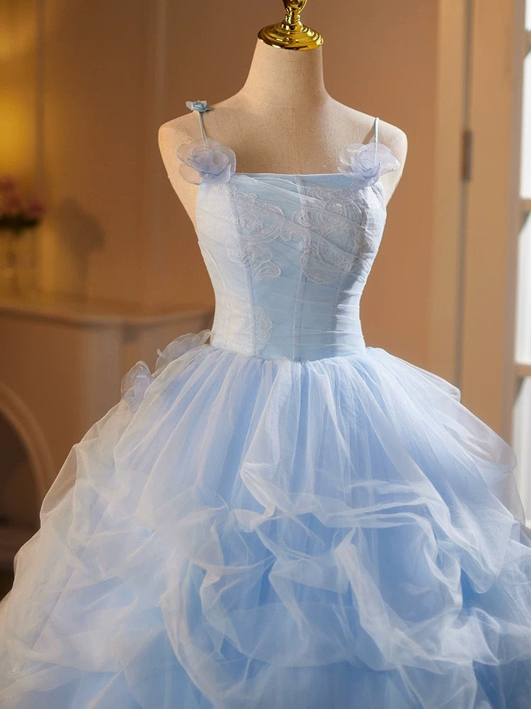 A-Line Tulle Lace Blue Long Prom Dress, Blue Long Sweet 16 Dress