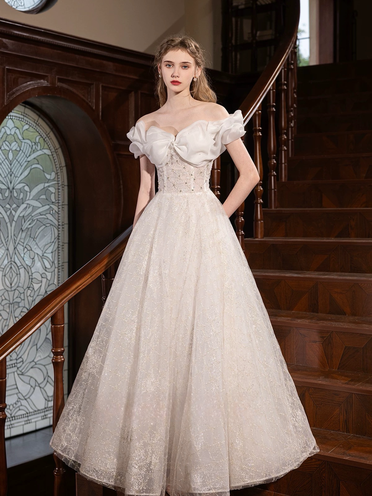 A-Line Off Shoulder Tulle Sequin White Long Prom Dress, White Long For toptby A-Line Off Shoulder Tulle Sequin White Long Prom Dress, White Long For toptby