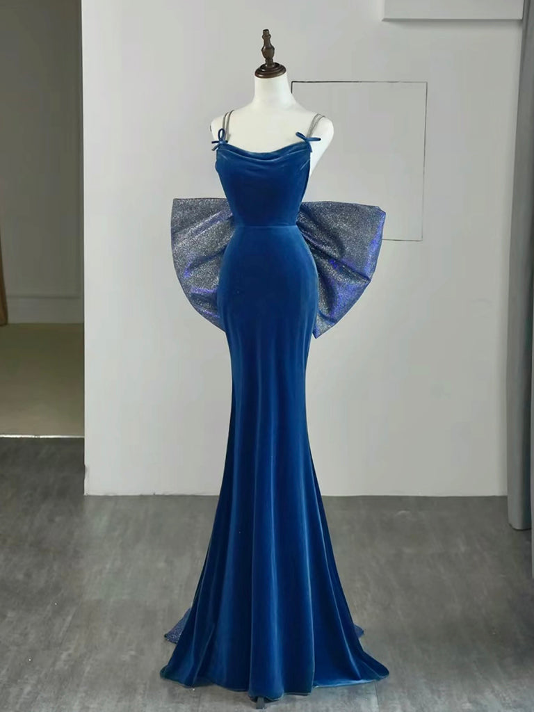 mermaid blue long prom dress backless evening dress Simple Velvet Dress, Velvet Blue Size:Custom size