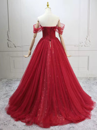 A-Line Sweetheart Neck Tulle Burgundy Long Prom Dress, Burgundy Long Evening Dress
