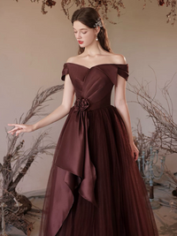 A-Line V Neck Tulle Brownish Red Long Prom Dress, Tulle Long Formal Dress