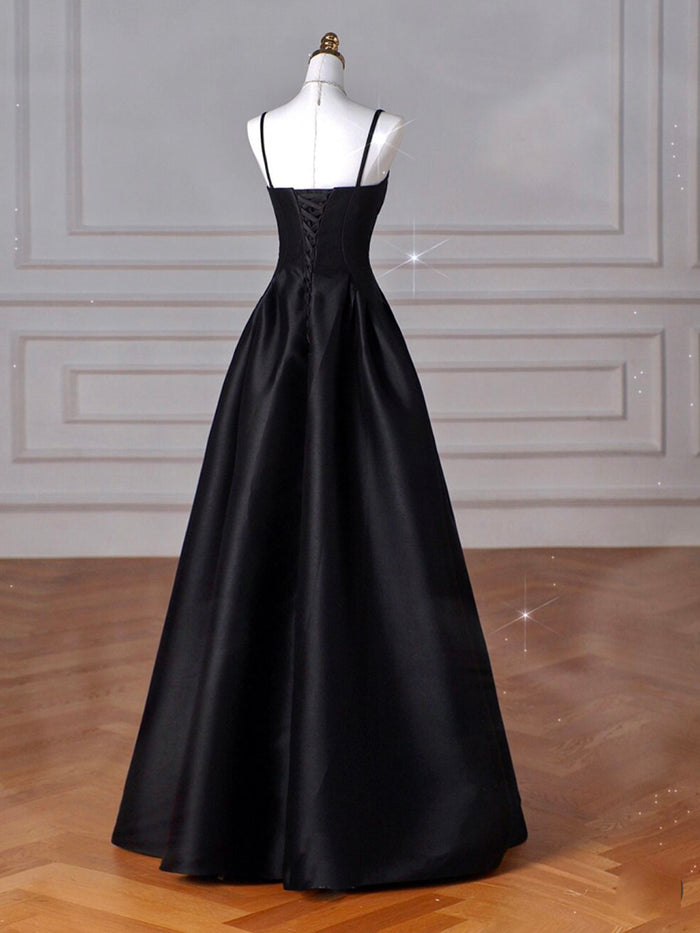 A-Line Sweetheart Neck Satin Black Long Prom Dress, Black Long Formal Dress