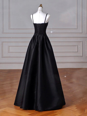 Black Satin Sweetheart A-line Backless Applique Stunning Prom Dresses, FC4197