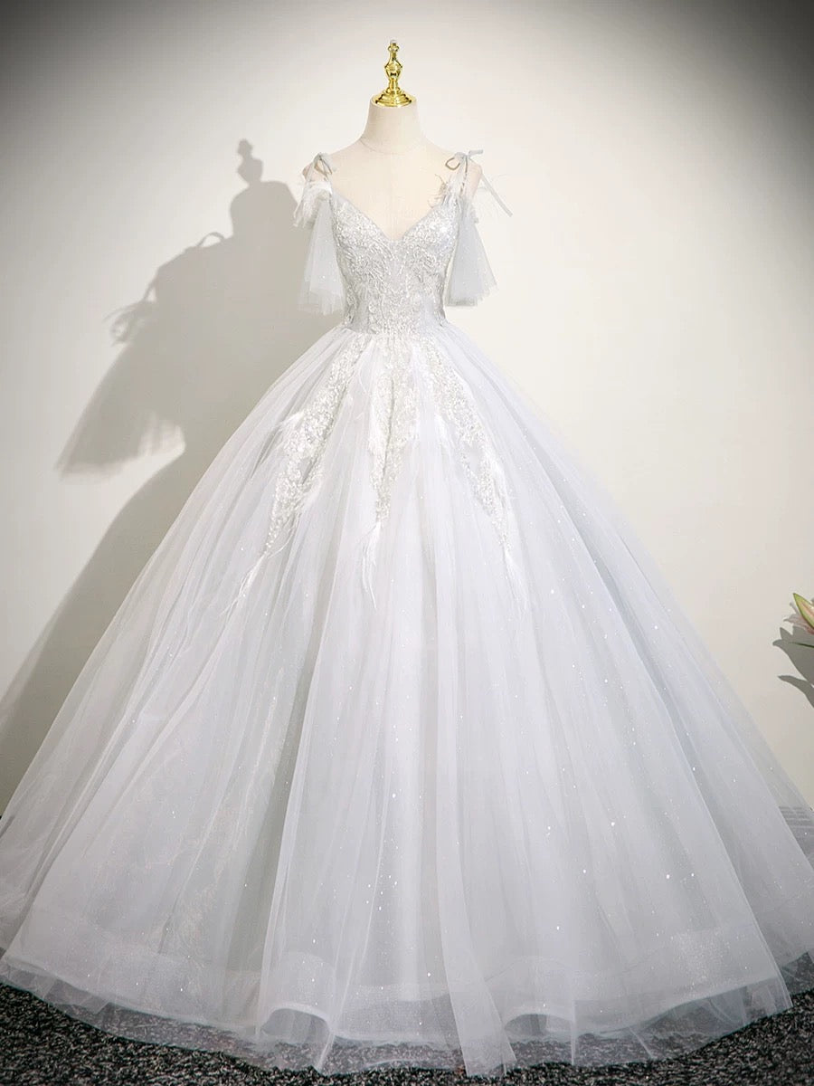 A-Line V Neck Tulle Lace Light Gray Long Prom Dress, Light Gray Long Formal Dress
