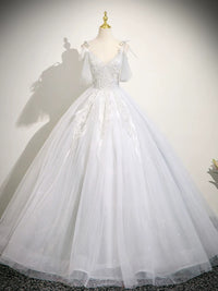 A-Line V Neck Tulle Lace Light Gray Long Prom Dress, Light Gray Long Formal Dress