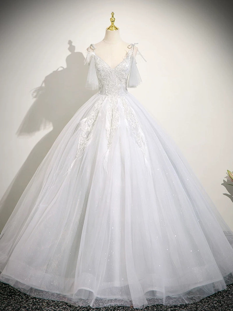 A-Line V Neck Tulle Lace Light Gray Long Prom Dress, Light Gray Long Formal Dress