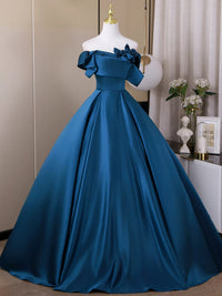 A-Line Satin Blue Long Prom Dress, Blue Long Formal Dress