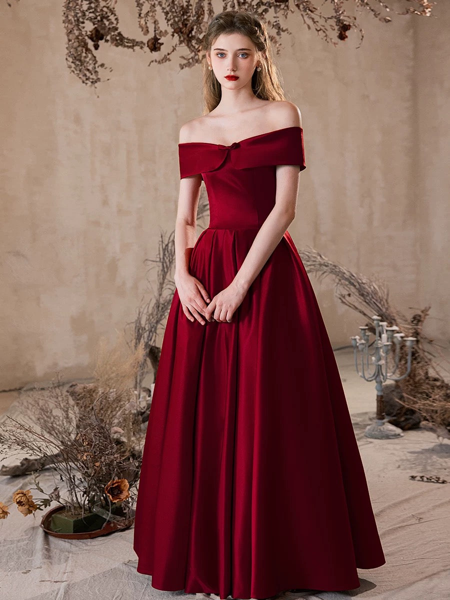 A-Line Off Shoulder Satin Burgundy Long Prom Dress, Burgundy Long Formal Dress