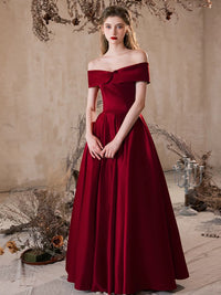 A-Line Off Shoulder Satin Burgundy Long Prom Dress, Burgundy Long Formal Dress