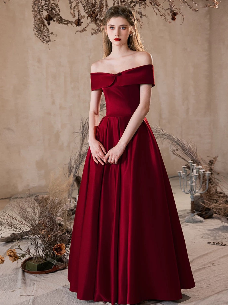 A-Line Off Shoulder Satin Burgundy Long Prom Dress, Burgundy Long Formal Dress