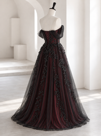 A-line Off Shoulder Tulle Lace Applique Black/Burugndy Long Prom Dress