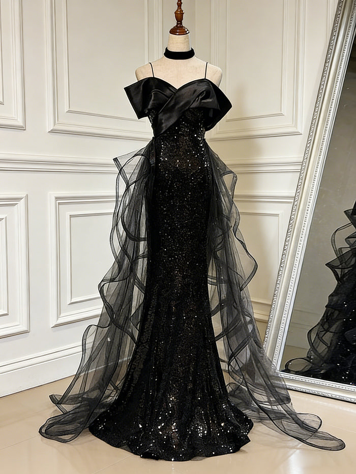 Sweetheart Off Shoulder Tulle Sequin Sweep Train Black Long Evening Dress
