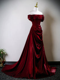 A-Line Off Shoulder Satin Burgundy Long Prom Dress, Burgundy Long Party Dress