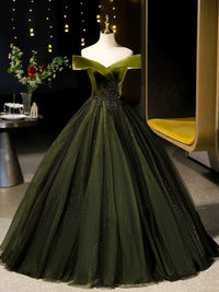 A-Line Off Shoulder Velvet Tulle Green Long Prom Dress, Green Long Formal Dress