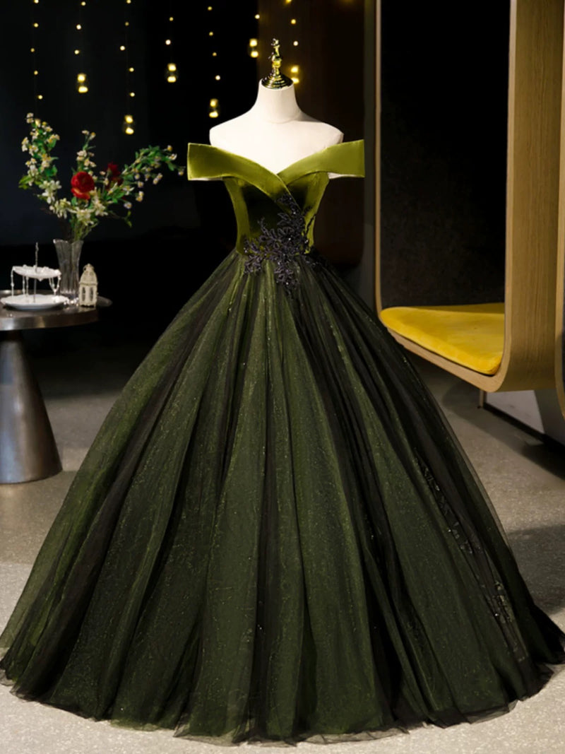 A-Line Off Shoulder Velvet Tulle Green Long Prom Dress, Green Long Formal Dress