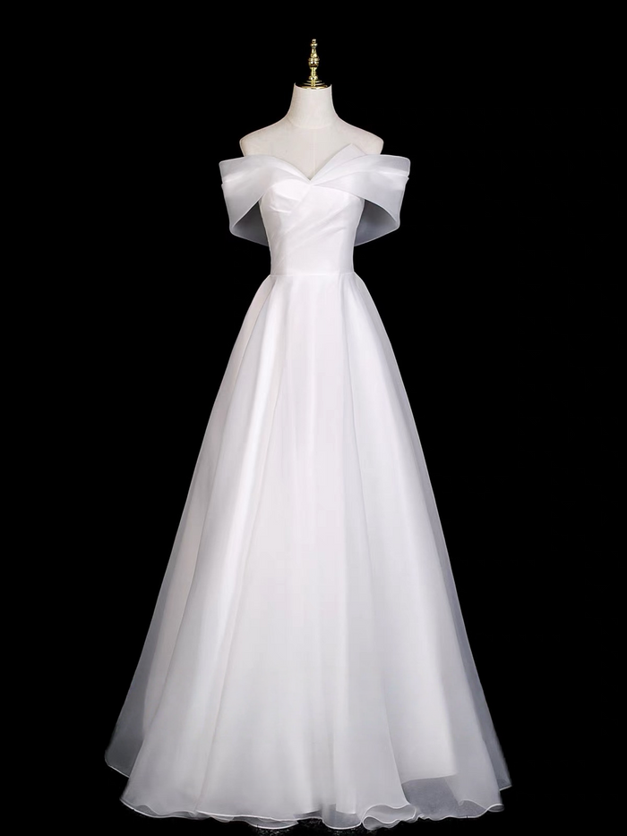 A-Line Off Shoulder Organza White Long Prom Dress, Organza Formal Dress