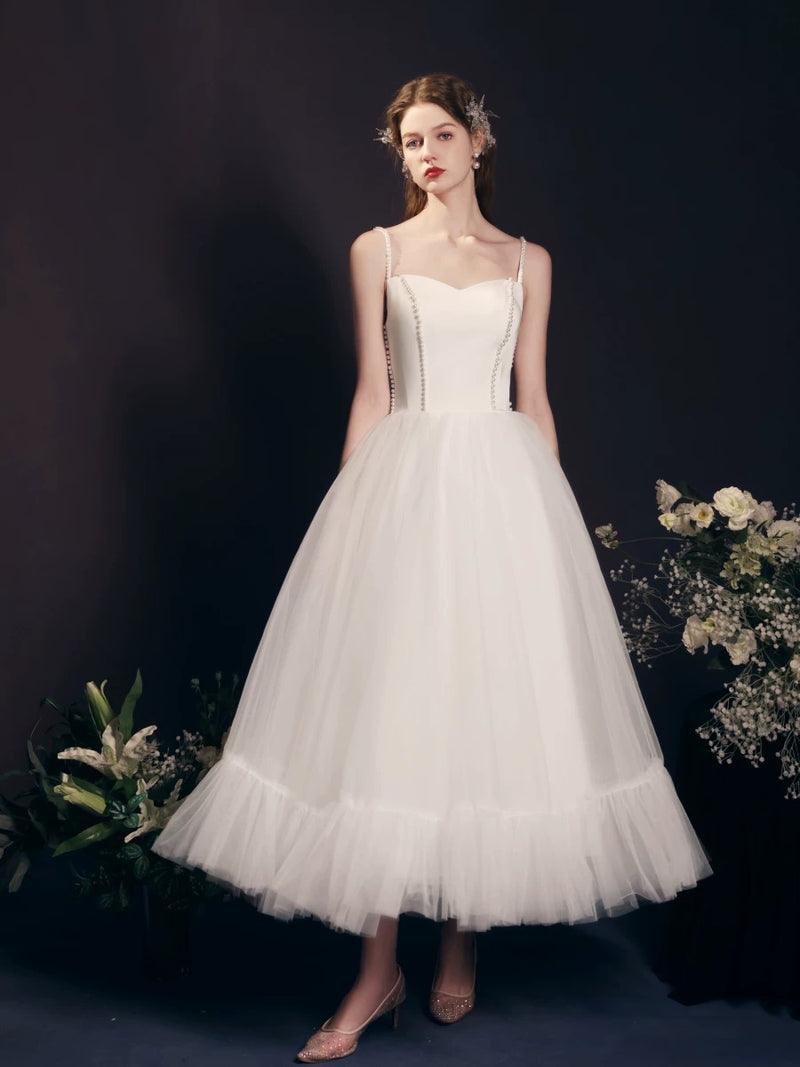 A-Line Tulle Tea Length ivory Prom Dress, ivory Prom Dress