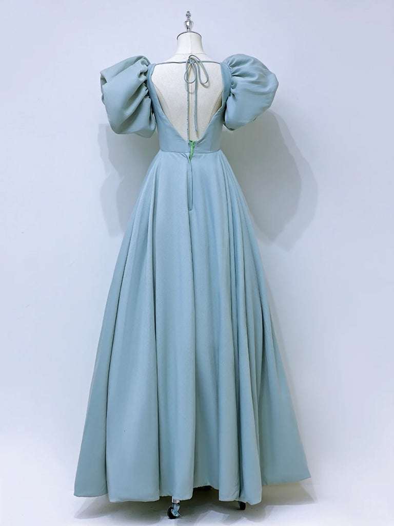 A-Line  Puff Sleeves Satin Blue Long Prom Dress, Blue Long Formal Dress