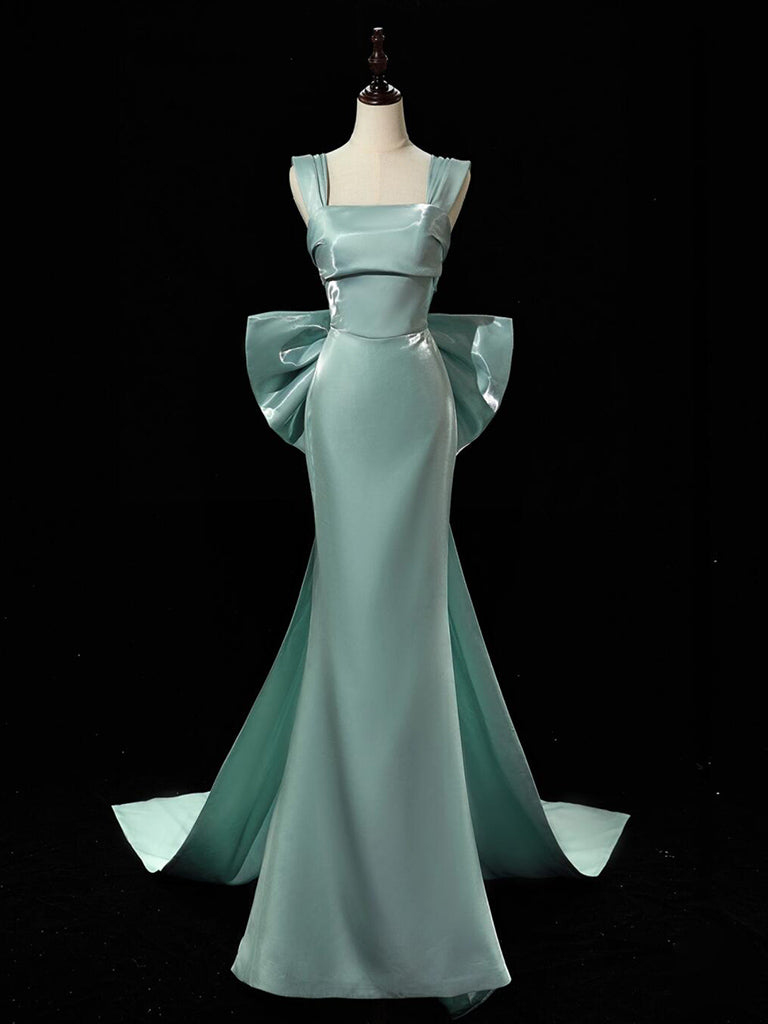 Simple Satin Green Long Prom Dress, Green Long Formal Dress with bow t toptby Simple Satin Green Long Prom Dress, Green Long Formal Dress with bow t toptby