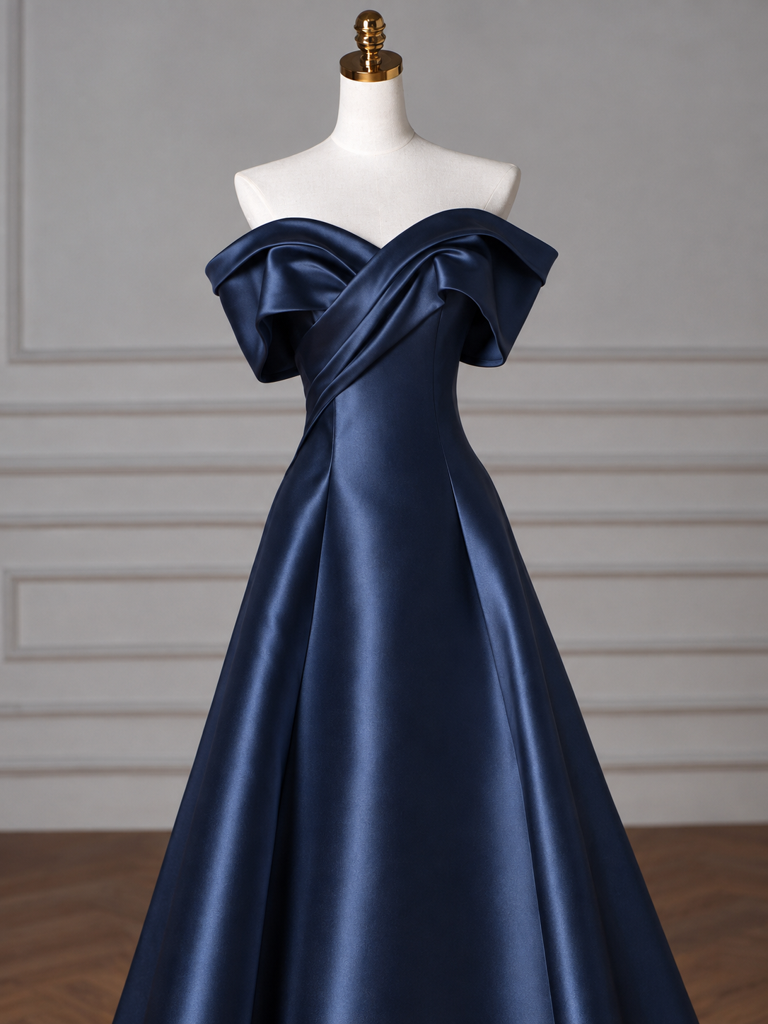 Off Shoulder A-line Satin Dark Blue Long Prom Dress, Dark Blue Long Formal Dress
