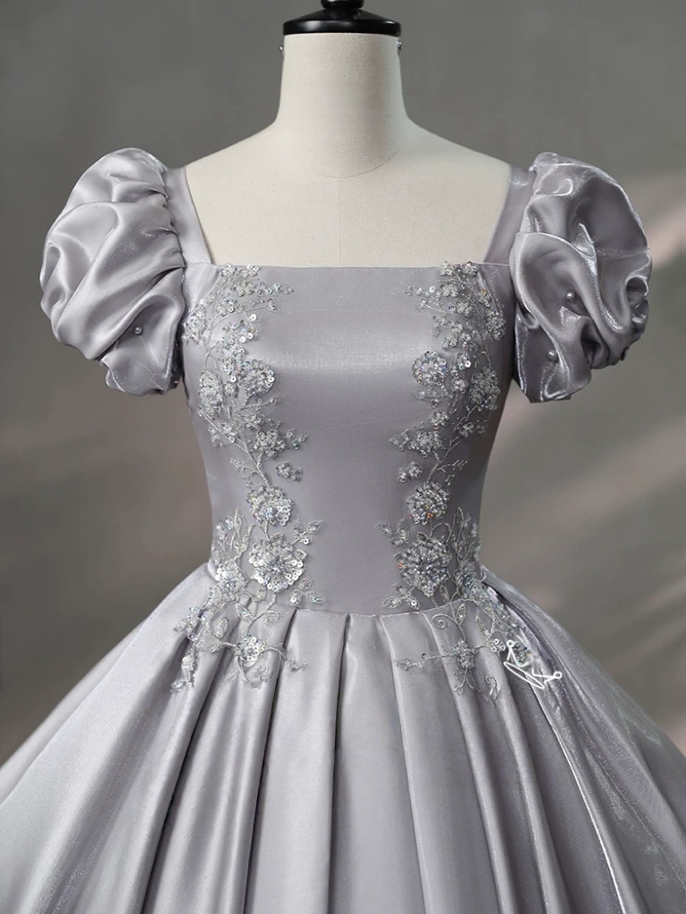 A-Line Puff Sleeves Satin Lace Gray Long Prom Dress