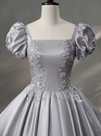 A-Line Puff Sleeves Satin Lace Gray Long Prom Dress