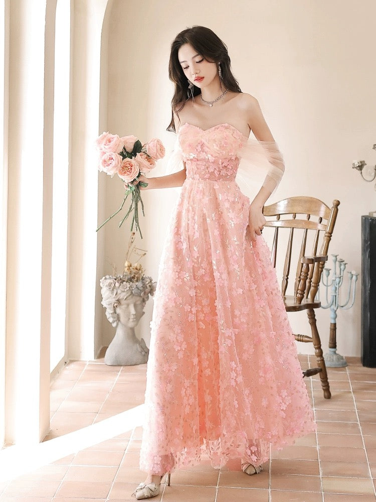 A-Line Off Shoulder Tulle Lace Pink Long Prom Dress, Pink Long Formal Dress