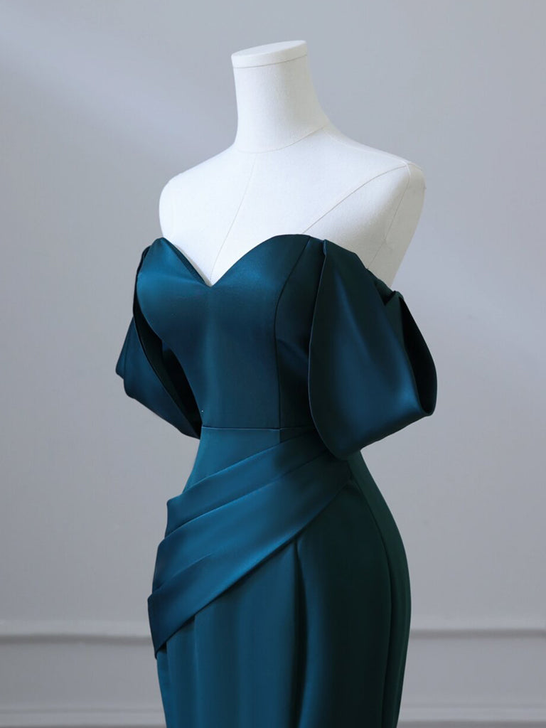 Simple Off Shoulder Satin Ink Blue Long Prom Dress, Ink Blue Long Form ...
