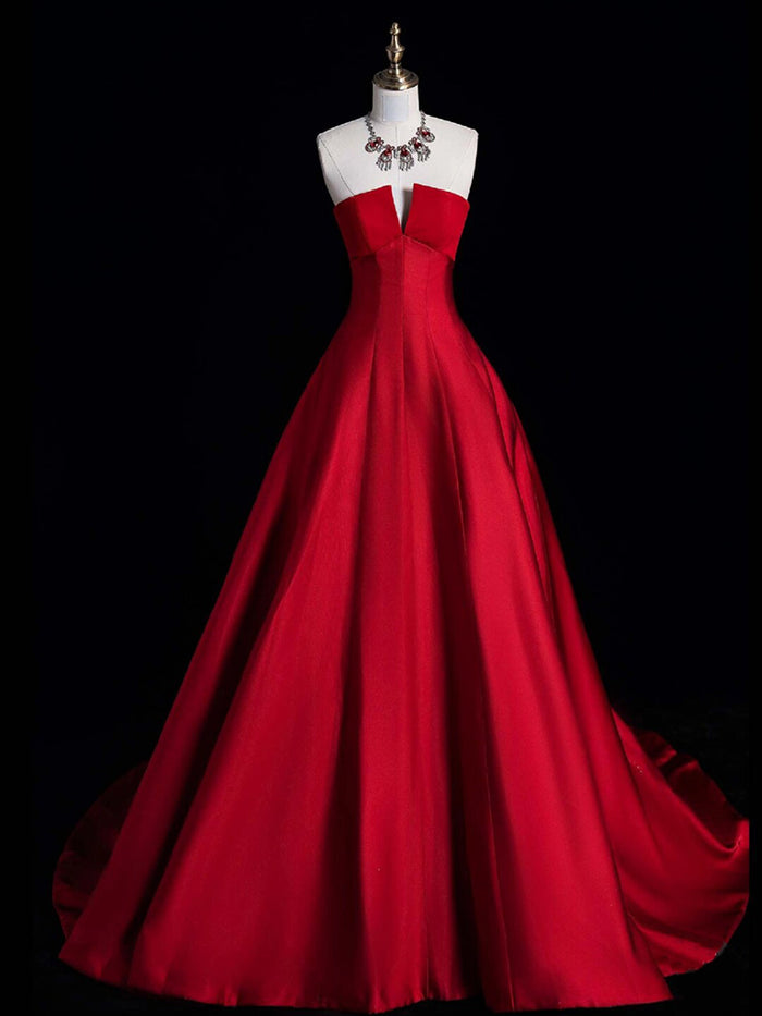 Simple A-Line Satin burgundy Long Prom Dress, Burgundy Long Formal Dress