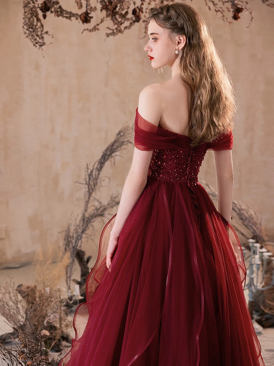 A-Line Off Shoulder Tulle Burgundy Long Prom Dress, Burgundy Long Even toptby A-Line Off Shoulder Tulle Burgundy Long Prom Dress, Burgundy Long Even toptby