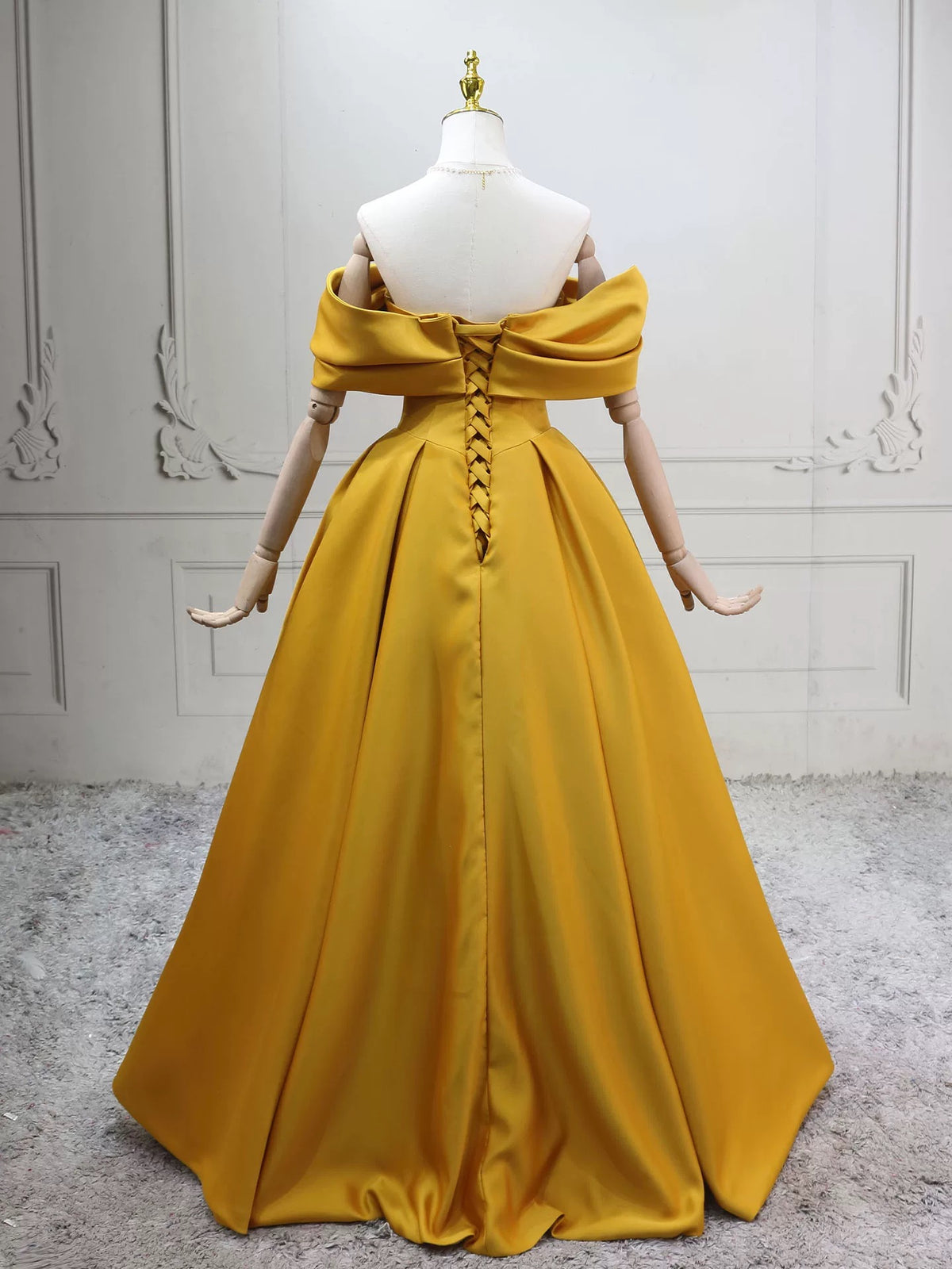 A-Line Off Shoulder Satin Yellow Long Prom Dress, Yellow Long Evening Dress