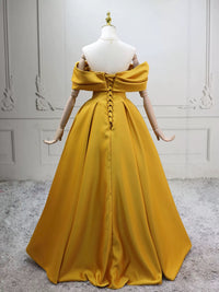 A-Line Off Shoulder Satin Yellow Long Prom Dress, Yellow Long Evening Dress