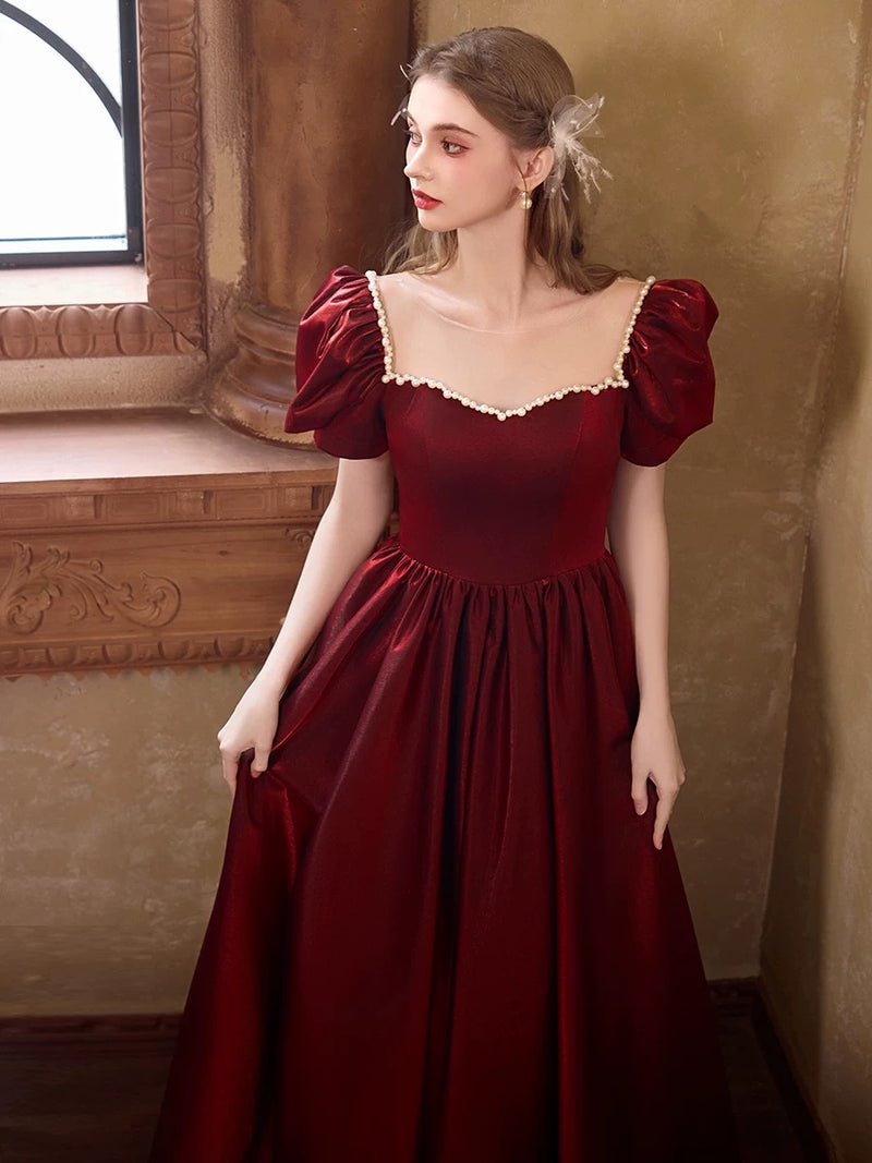 A-Line Puff Sleeves Satin Burgundy Long Prom Dress, Burgundy Long Formal Dress