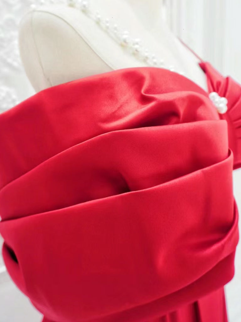 Red A-Line Off Shoulder Satin Long Prom Dress, Red Long Formal Dress
